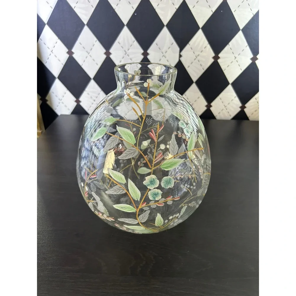 Anthropologie Bella Handpainted Floral Glass Vase Large 9.5 Inch